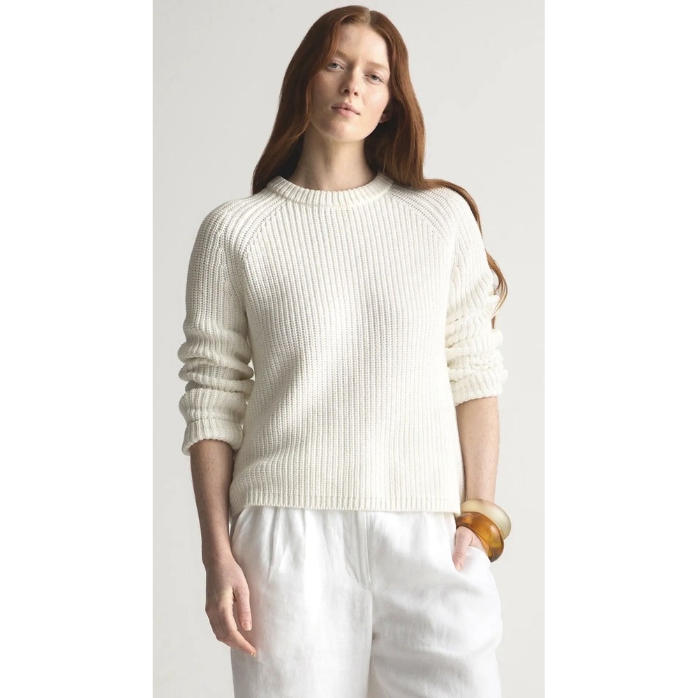 Quince Organic Cotton Fisherman Crew Sweater Ivory White Ribbed Knit SZ SM EUC